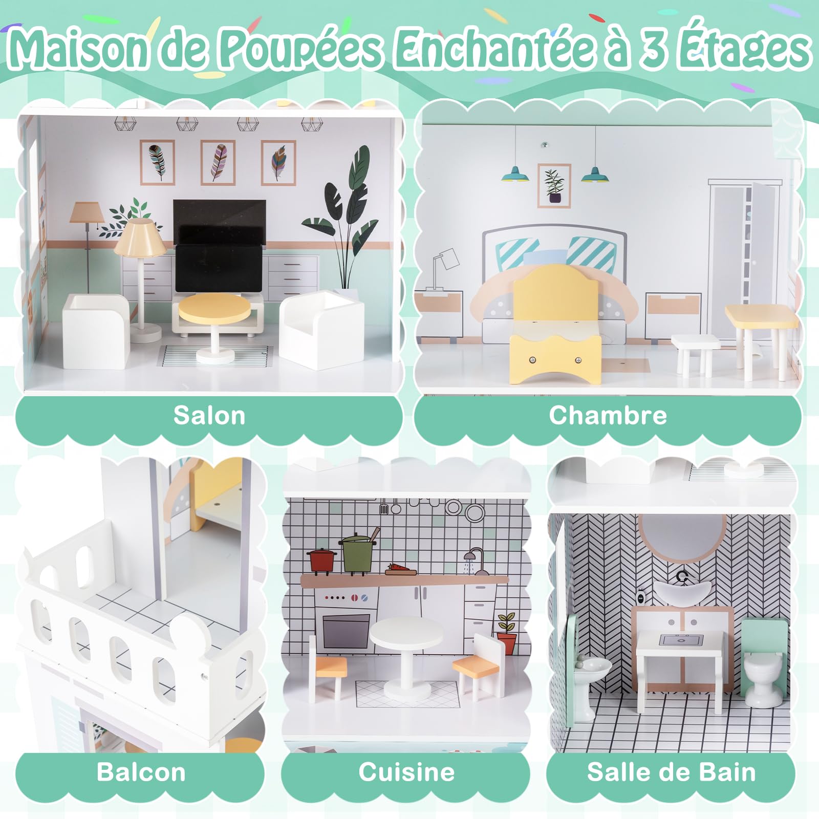 COSTWAY Maison de Poupée en Bois à 3 Étages avec 5 Pièces et 17 Meubles, Maison de Rêve avec Ascenseur, Autocollants Princesses, Jeu d’Imitation Playhouse pour Enfants de 3 Ans+ (Vert)
