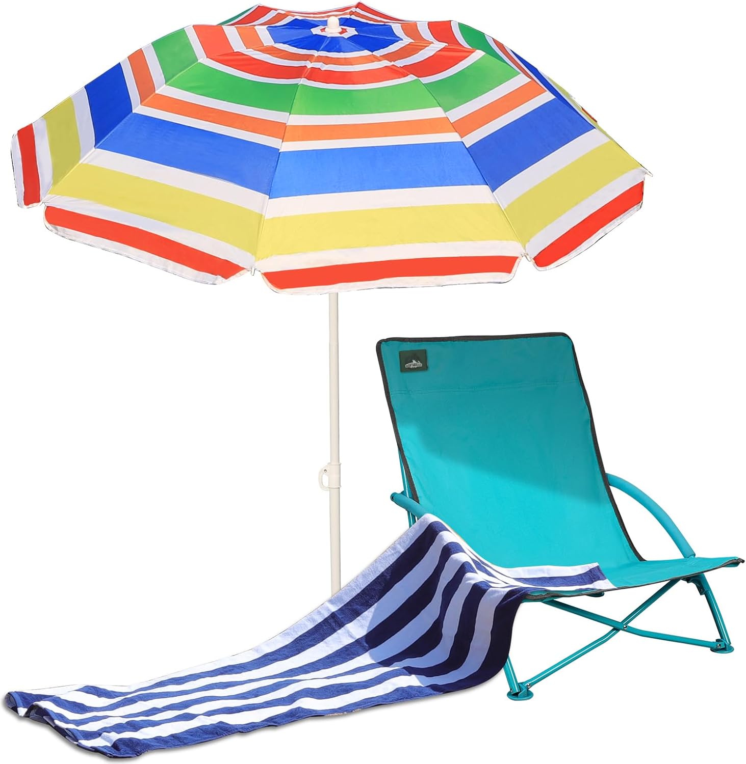 Northroad Folding Beach Chair Set of 3, 1 Low Beach Chair with 1 Umbrella, 1 Towel for Outdoor Sand Camping Travel Pool, Blue 3 Blue W/ Umbrella Towel