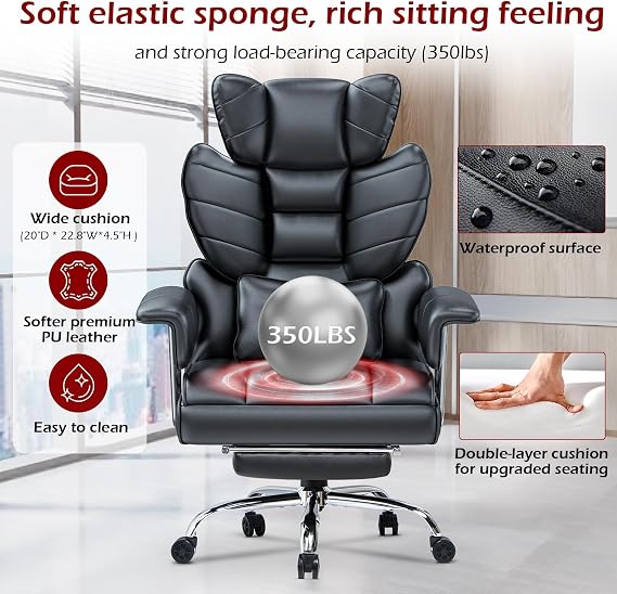Racingreat Comfy Executive Desk Office Chair with Footrest, Big Tall Adjustable Computer Leather PU Recliner, Home Ergonomic Office Cross Legged Chair, High Back Heavy Duty Black Work Swivel Chair