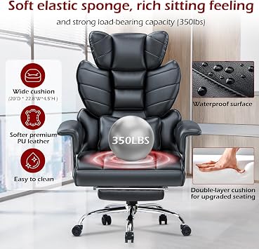 Racingreat Comfy Executive Desk Office Chair with Footrest, Big Tall Adjustable Computer Leather PU Recliner, Home Ergonomic Office Cross Legged Chair, High Back Heavy Duty Black Work Swivel Chair