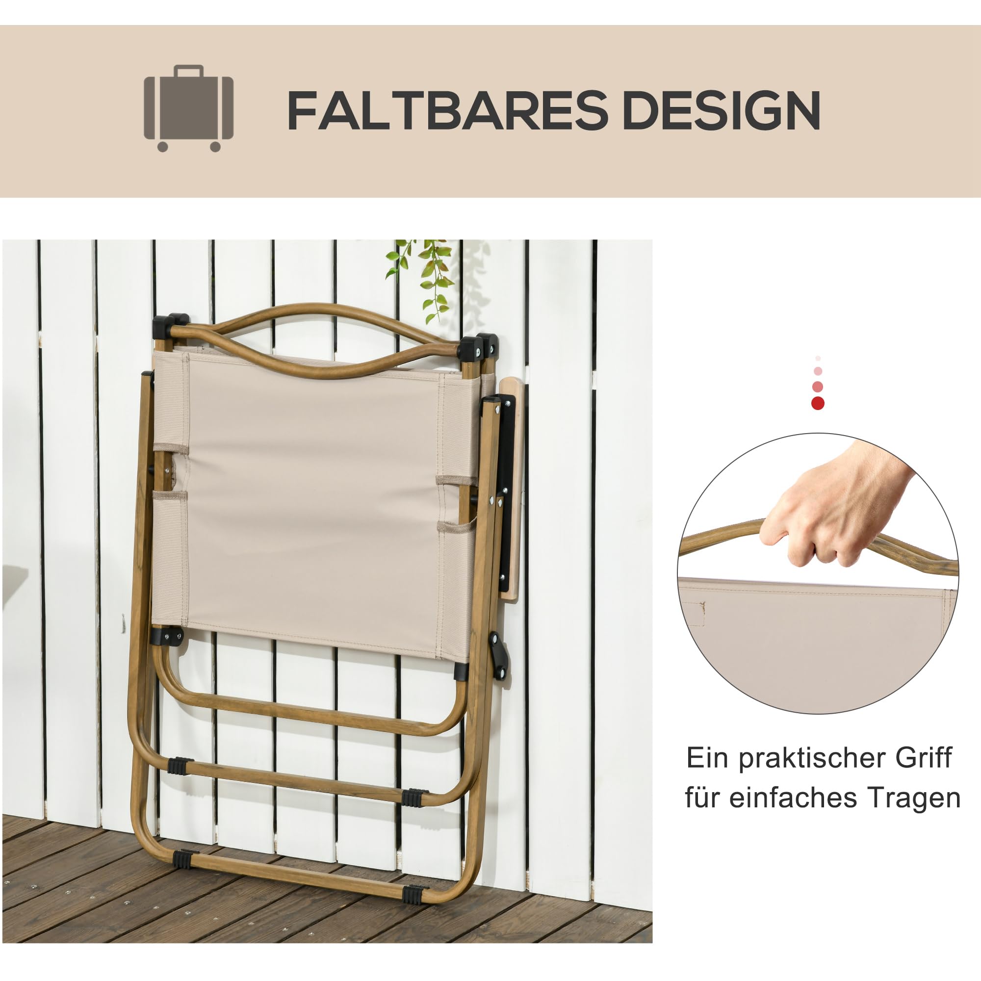 Outsunny Campingstuhl 2er Set Faltbar mit Stahlrahmen Holzoptik Khaki | Gartenstuhl, Klappsessel, Camping Klappstühle, für Pool, Strand, Oxford