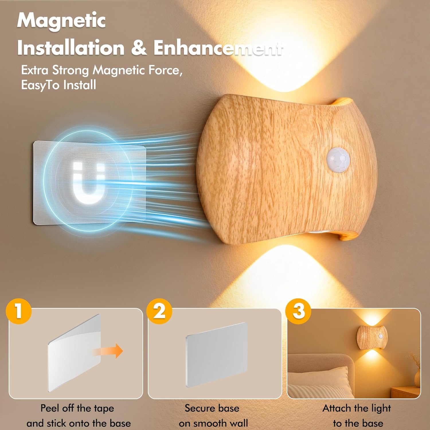 Set di 2 Applique da Parete Ricaricabili per Interni con sensore di Movimento, Senza necessità di Collegamento alla Rete elettrica, Lampada a LED con 3 Colori, luci Verso l'Alto e