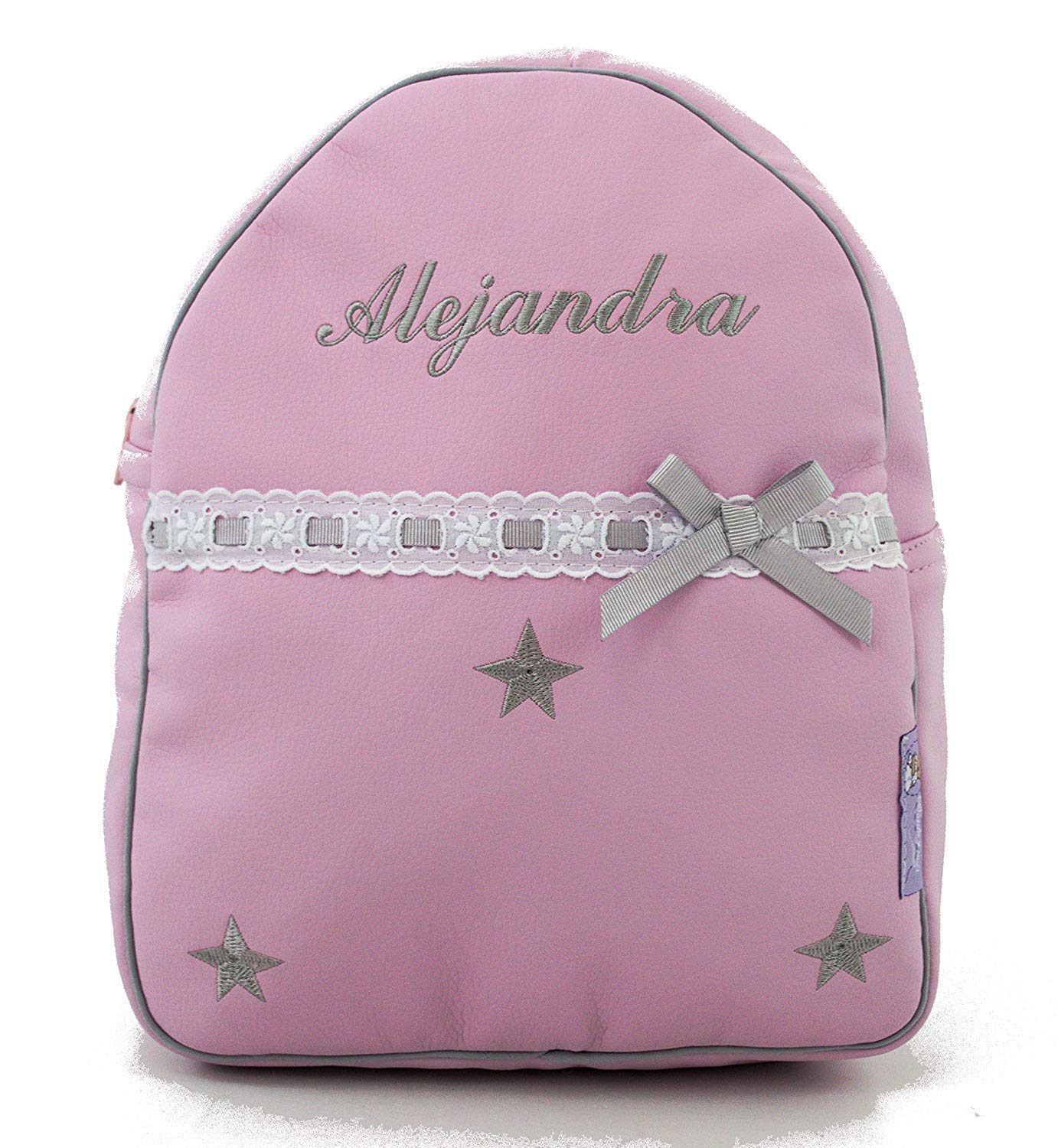 Conjunto guardería o Colegio: Mochila + Bolsa de merienda lenceras Personalizadas con Nombre. Sydney. (Rosa/Gris)