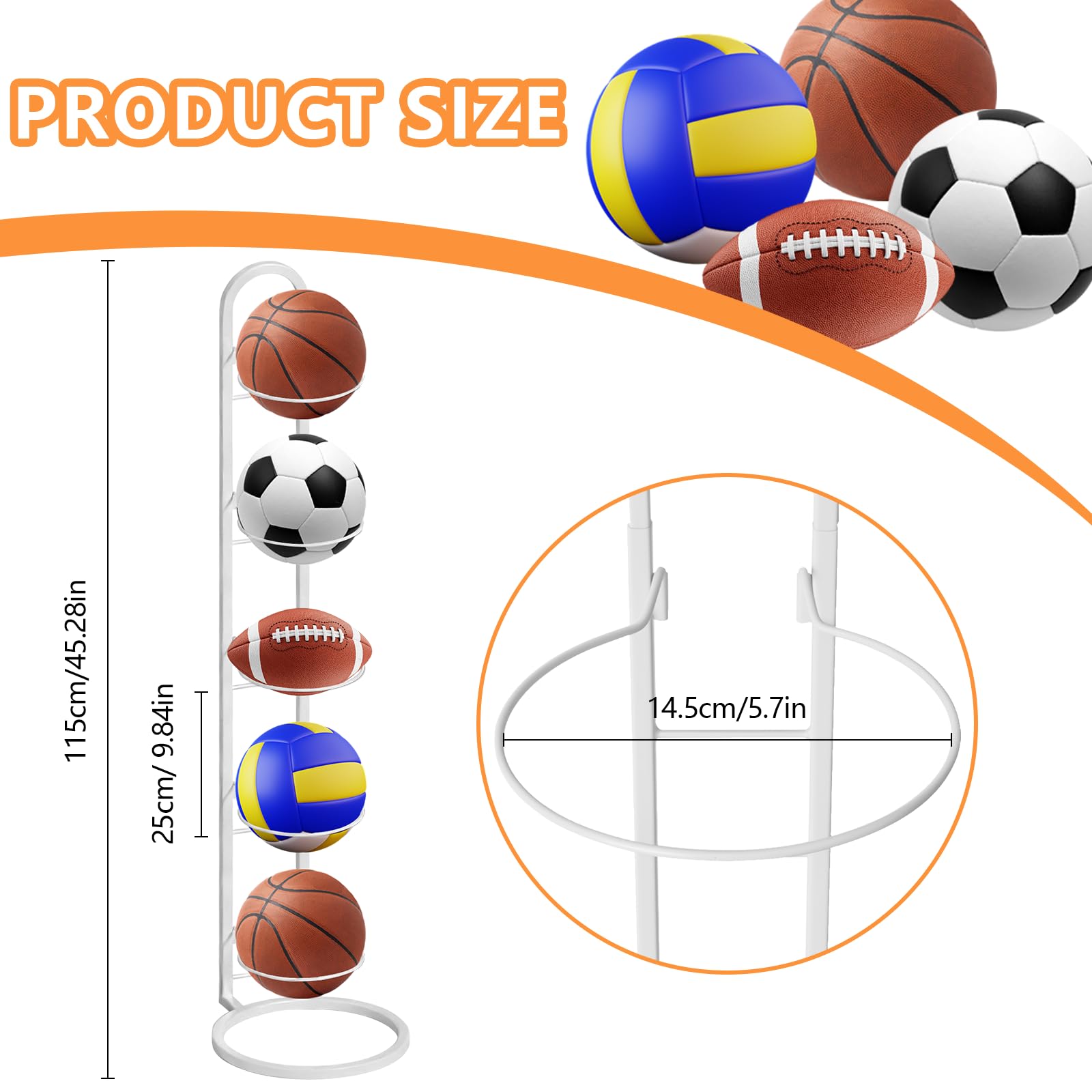 Support Ballon Basket 5 Niveaux en Métal Blanc,Porte Ballon Amovible pour Football/Basket/Volley - Organisation Garage & Équipement Sportif - Casier de Rangement de Balles