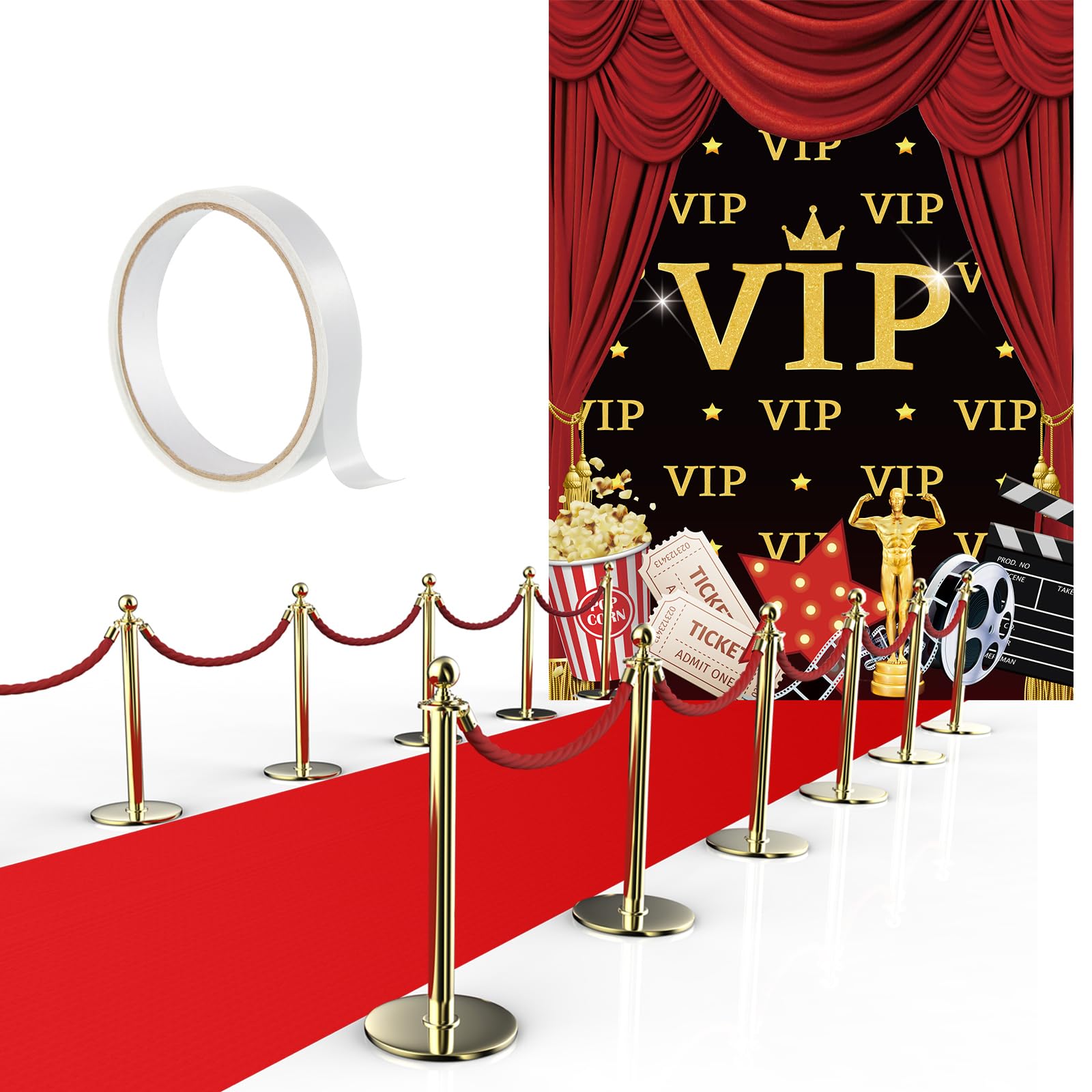 Frienda 6.5 x 5 ft VIP Photography Backdrop Red Carpet Backdrop Film Movie Banner Party Accessory 2.6 x 15 ft Red Carpet Runner with Carpet Tape for