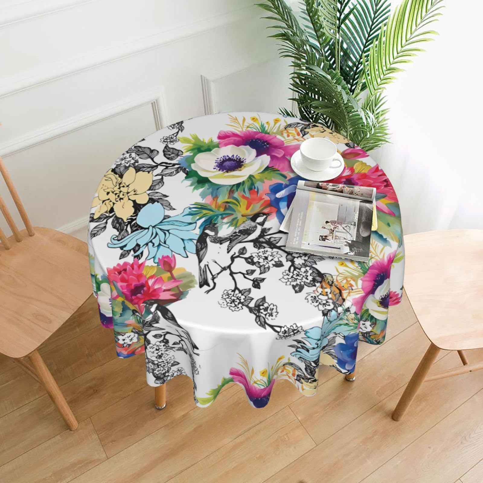 YYHWHJDE Garden Blossoming Wildflowers Birds Leaves Branches Prints Round Decorative Tablecloth 60in - High-Grade Polyester Throw for Elegant Dining & Festive Gatherings