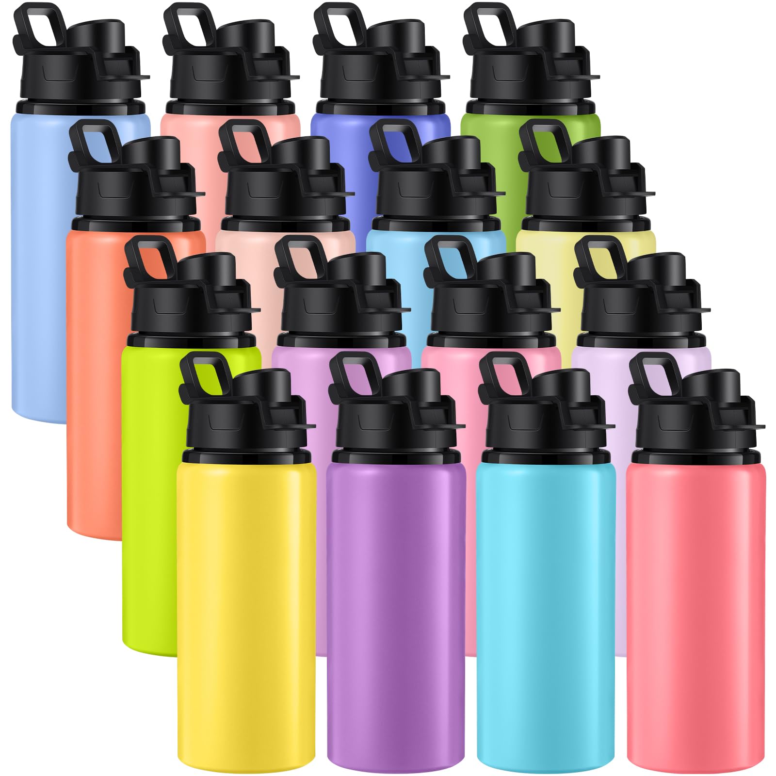 Sunnyray 16 Pcs Aluminum Water Bottle Bulk Reusable Sports Bottle with Snap Lids Multipack Vacuum Water Flask for