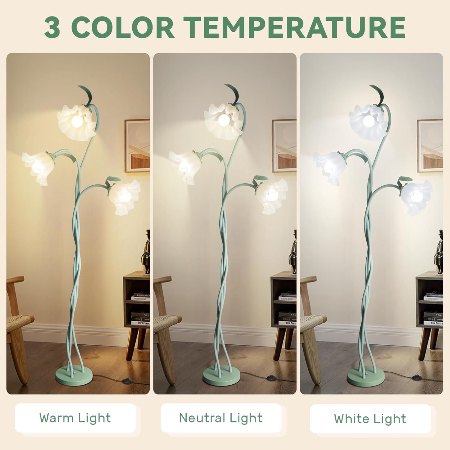 Flower Floor Lamp for Living Room, 3 Color Modes LED Modern Standing Lamps with 3 Heads Bulb Flexible Neck Shaft Tall Corner Floor Lamp for Bedroom Office Reading Decor (Green)