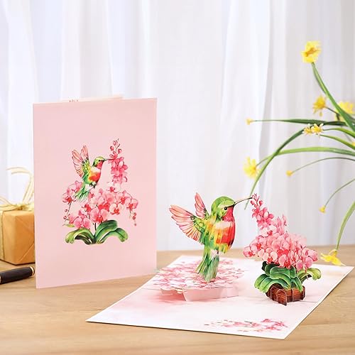Miniatura 2 de Tarjetas de cumpleaños desplegables con diseño de flor de orquídea de colibrí, tarjeta 3D del día de la madre para mujeres, mamá, esposa, hija,