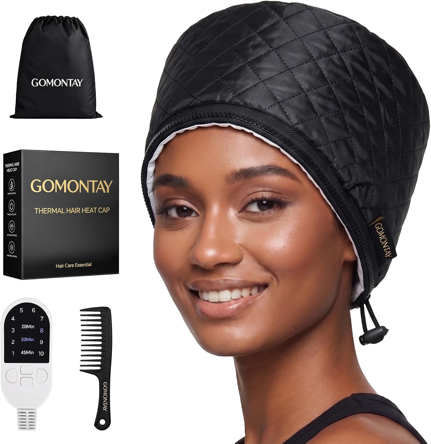 GOMONTAY Heated Hair Treatment Cap for Deep Conditioning, 10 Heat Levels & 3 Timer Settings, Thermal Therapy Device for Natural Curly 4C Hair, Hot Oil Treatment Mask for Home Hair Spa
