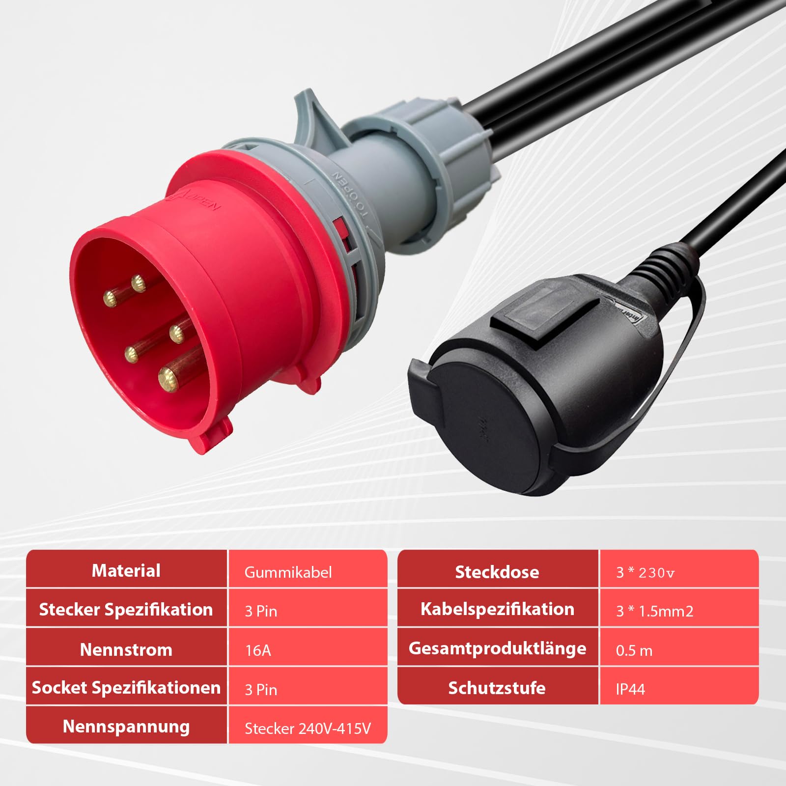 CEE Starkstrom Verteiler, 400V 16A auf 3X 230V Adapter Starkstrom, Starkstrom Adapter 400V auf 230V 16A Verteiler für Camping, Boot, Caravan, IP44, 3x1.5mm²