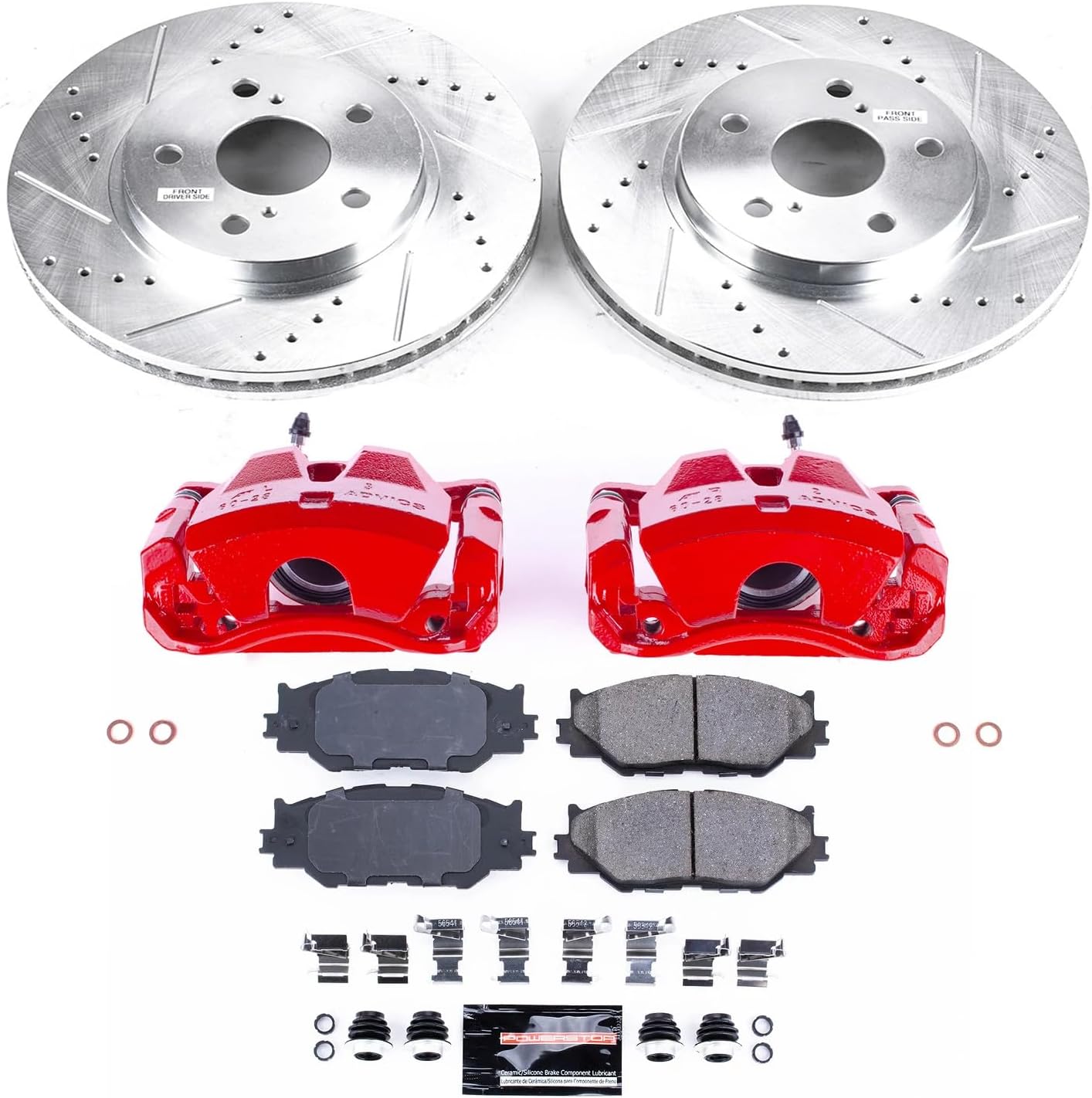 PowerStop Front Brake & Caliper Kit For Lexus IS250 2006-15 - Powder Coated Calipers + Carbon Fiber Ceramic Brake Pads + Drilled & Slotted Rotors Upgrade, KC2406