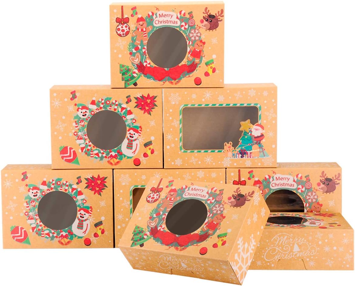 Rustic Festive Christmas Cookie Boxes, 24 Pack, 8x6x2.8 inches, Brown, Window Design, Perfect for Gift Giving, Treat Gifts, Cookie Exchange Party