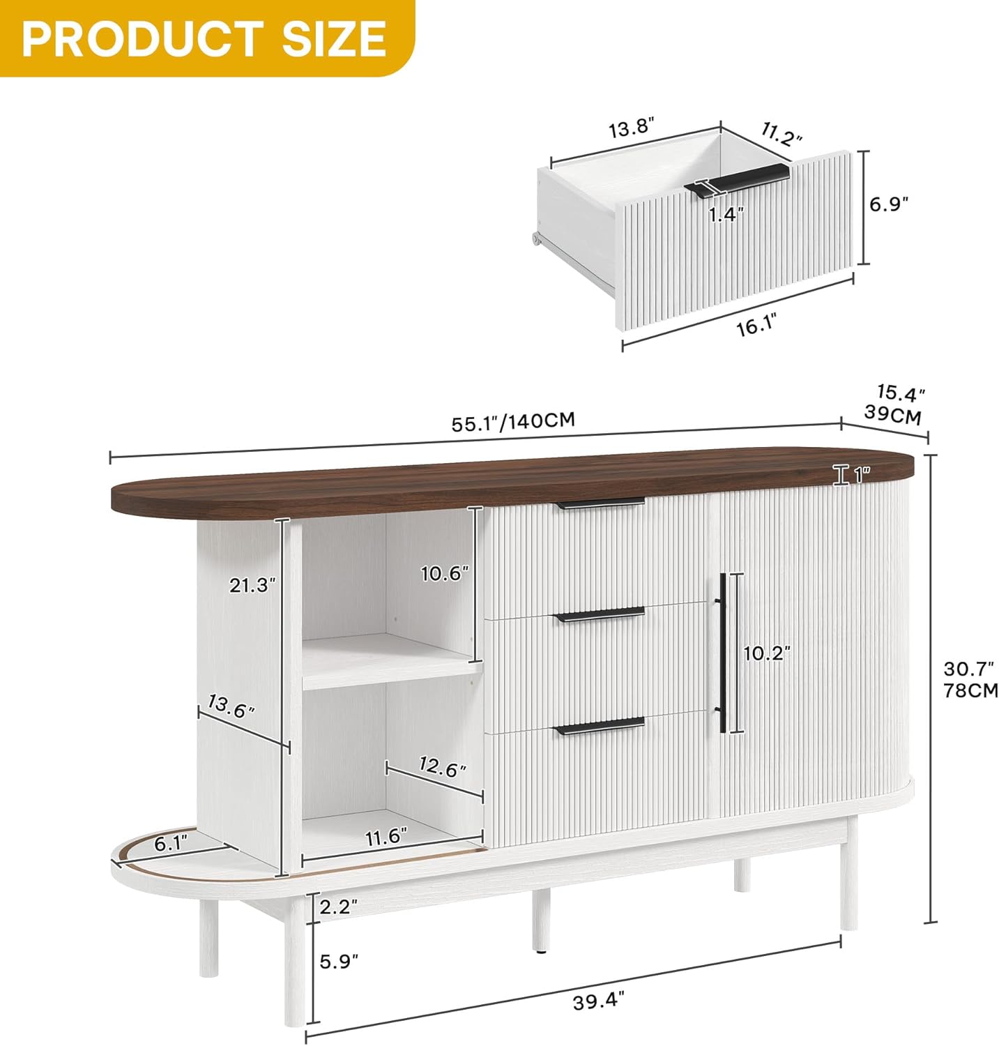 DWVO Modern TV Stand for 60 inch TVs, Fluted Entertainment Center with 3 Drawers & Storage Cabinet, Sliding Door & Adjustable Shelf, Media Console for Living Room, White & Brown