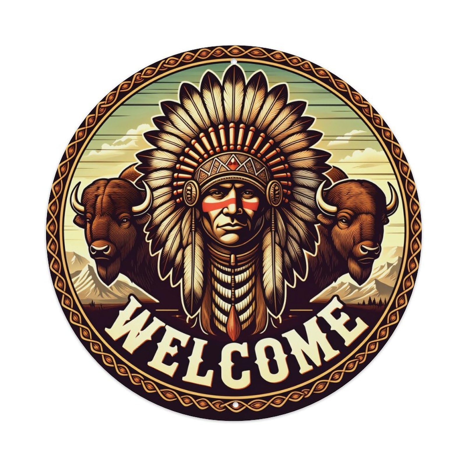 Native American Headdress Buffalo Mountains Welcome Round Tin Sign Vintage Metal Poster, Home Bar Garage Man Cave Cafe Indoor & Outdoor Wall Decoration 8x8Inches