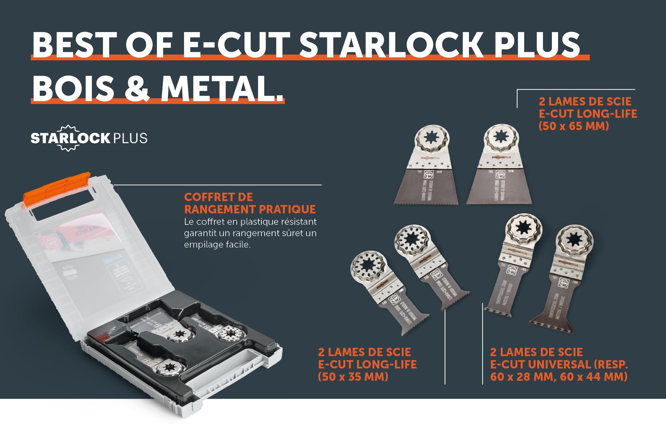 FEIN Best of E-Cut StarlockPlus BOIS & Metal. 6 lames de scie plongeantes E-Cut pour les travaux de sciage dans le bois et le métal. Porte-outil Starlock Plus