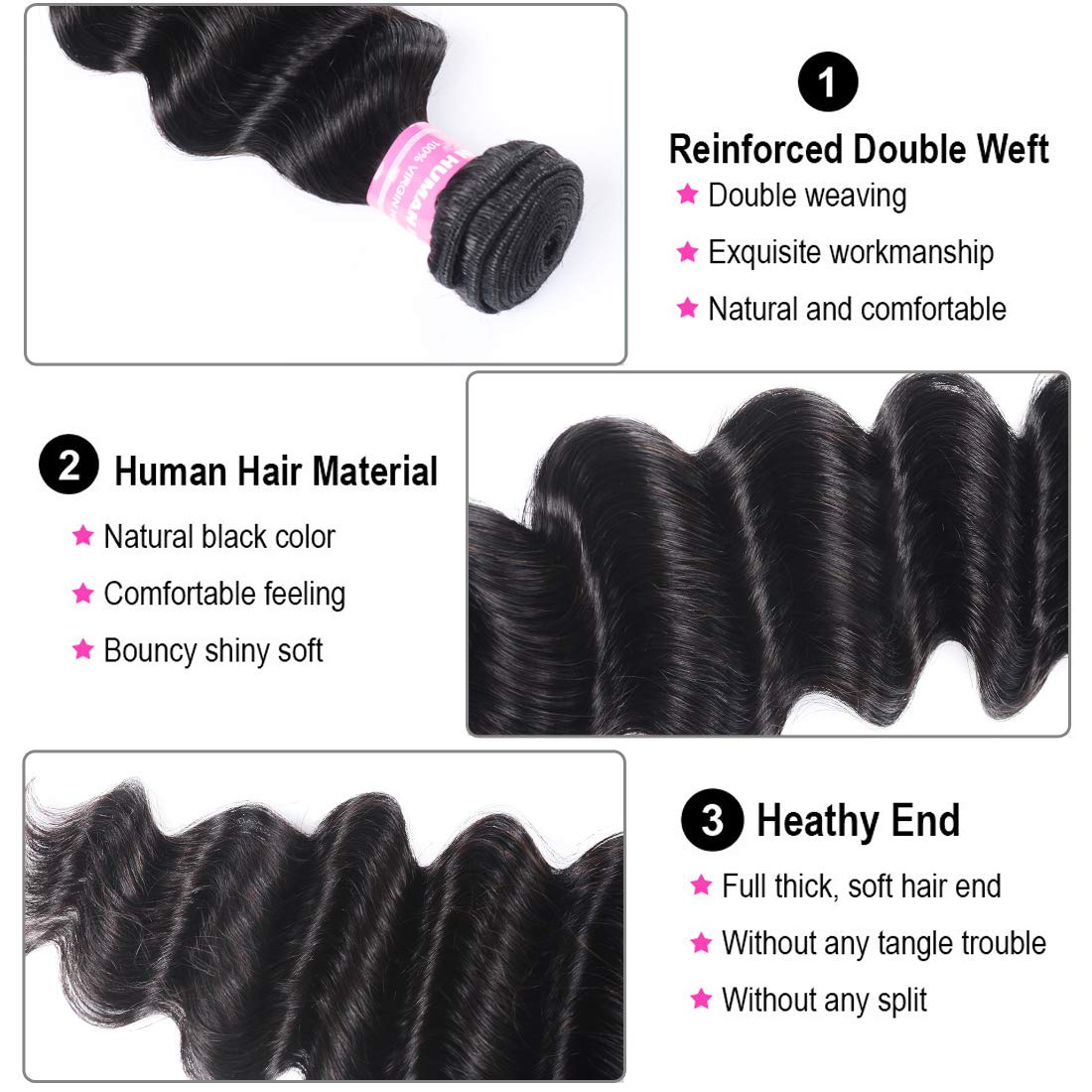 Beauty Forever Hair 8A Grade 100% Unprocessed Malaysian Loose Deep Wave virgin hair 3 Bundles Remy Human Hair Wave Natural Color Can Be Dyed and Bleached (20 22 24, 3 bundles)