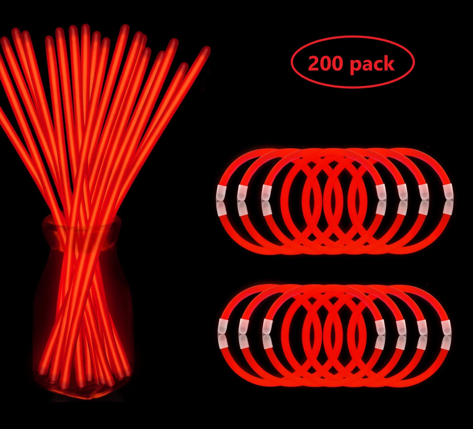 200 Pcs Red Glow Sticks Bracelet Necklaces Bulk Glow in The Dark Party Supplies 8” Light Up Stick with Connectors for Christmas Valentine's Day Easter 4th of July Party Favors Birthday Carnival