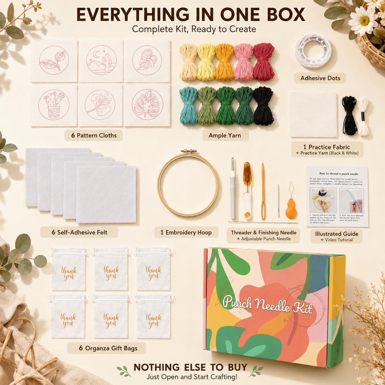 AceList Punch Needle Kit for Adults Beginners - 6 Plant Coasters Craft Kit, DIY Needlepoint Embroidery Set with Yarn, Hoop, Tools & Patterns, Relaxing Hobby & Birthday Gift for Women, Kids, Crafters