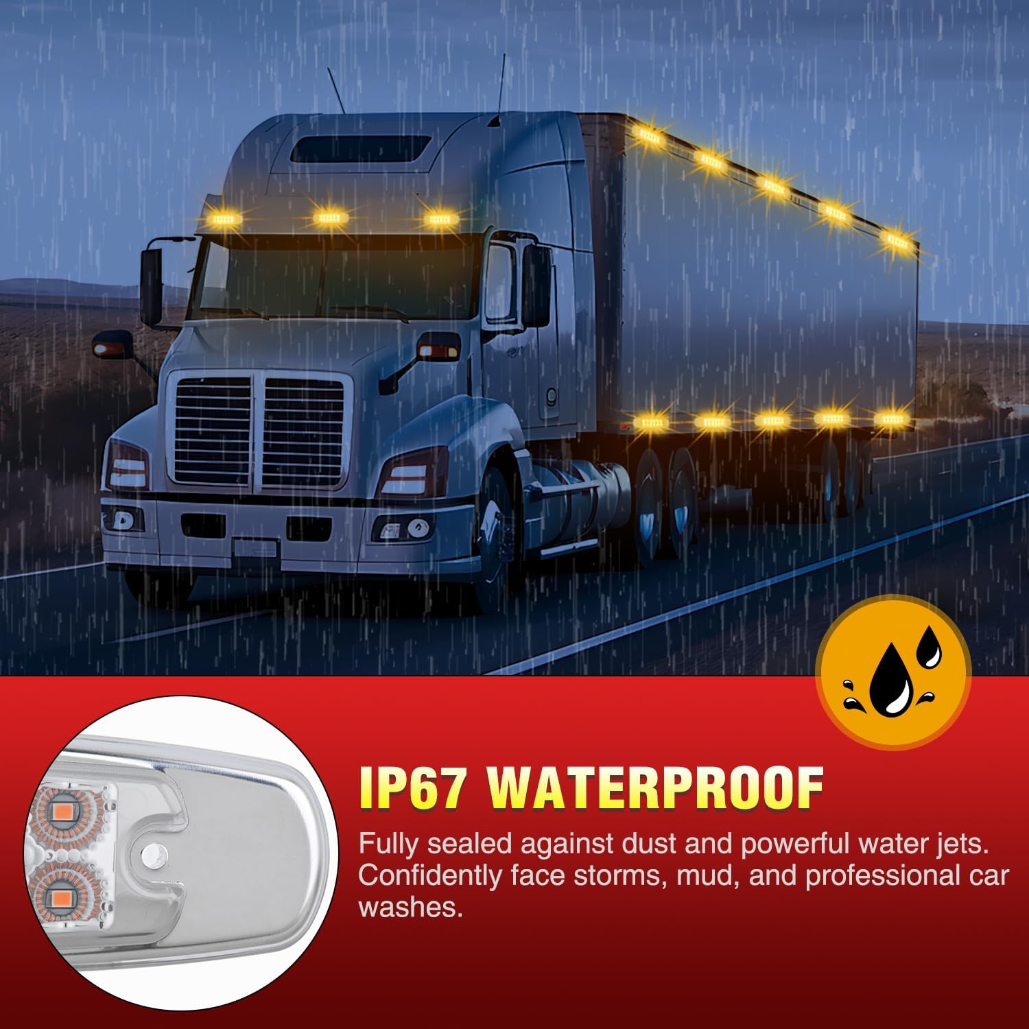Nilight 10 Pack 6.3 Inch Rectangle Amber Side Marker Lights White Lens 12 LED 3 Functions (High/Low/Strobe) IP67 Waterproof Stainless Steel Chrome Bezel 12V Surface Mount for Truck Trailer RV Boat