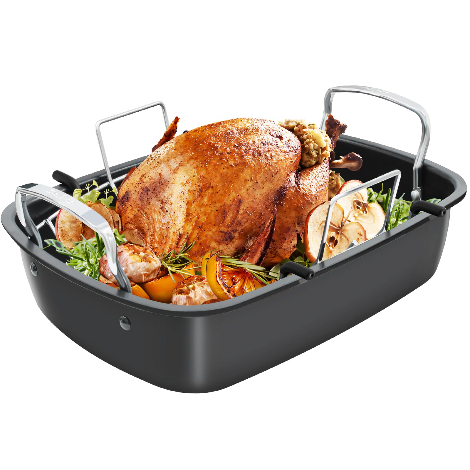 Asador de 17 x 13 pulgadas con estante extraíble, sartén antiadherente para asar pavo, carne y verduras (plateado)
