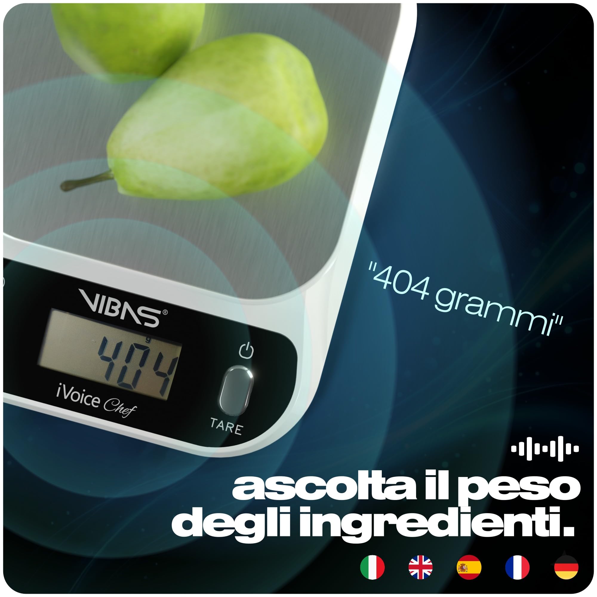 Bilancia da Cucina Parlante VIBAS iVoice Chef con Ciotola, 5 Lingue, Portata 10 kg