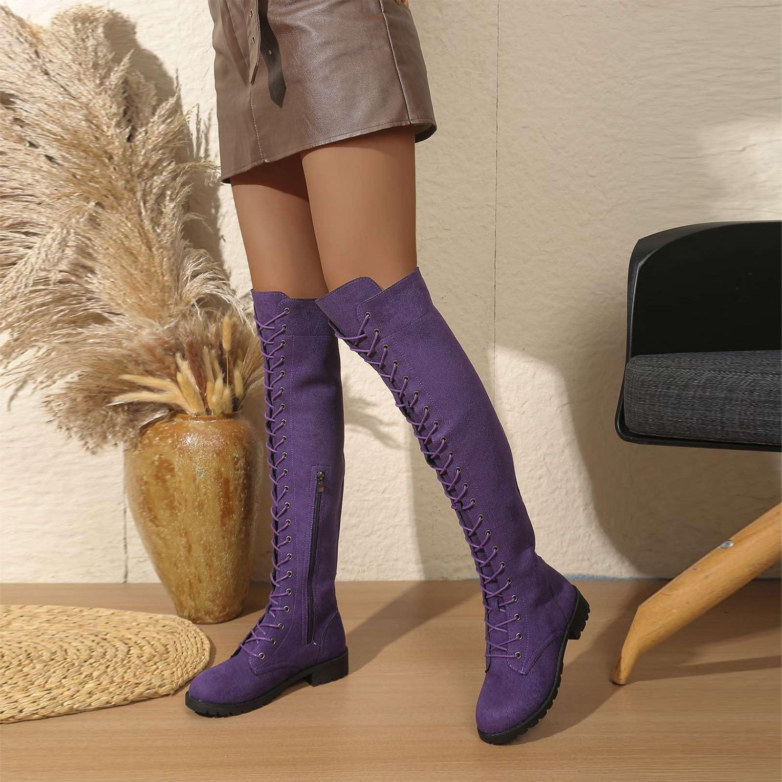 Overknee Stiefel Damen Schnürstiefel Weitschaftstiefel Herbst Flach | Langschaftstiefel Schaftweite Verstellbar Wildlederoptik Reißverschluss Blockabsatz Flach Runde Zehenpartie Vintage Gothic
