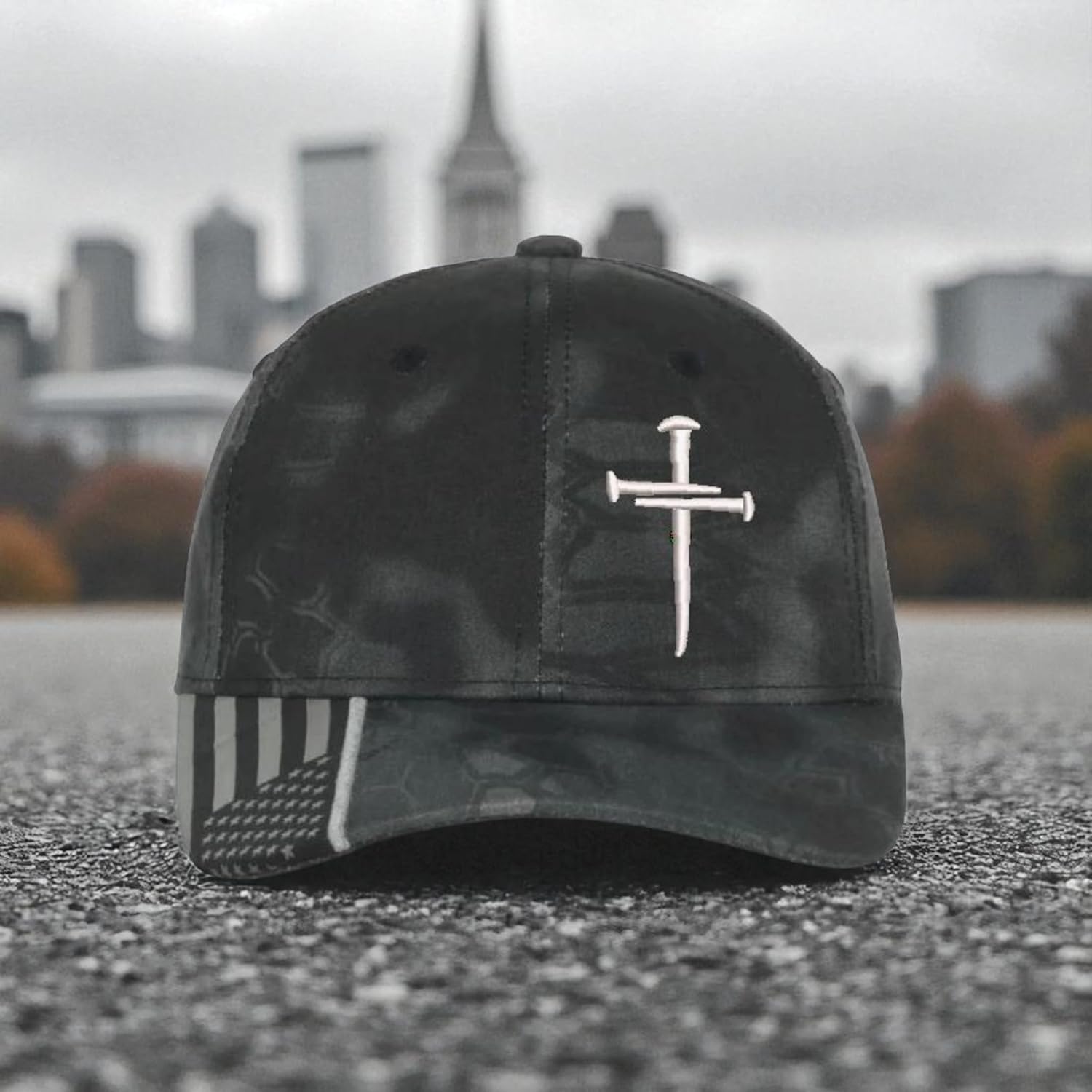 Christian Cross Baseball Cap, Religious Sacred Nails Design, Typhoon CAMO HAT with Gray Embroidered Cross and Free 4" Window Decal.