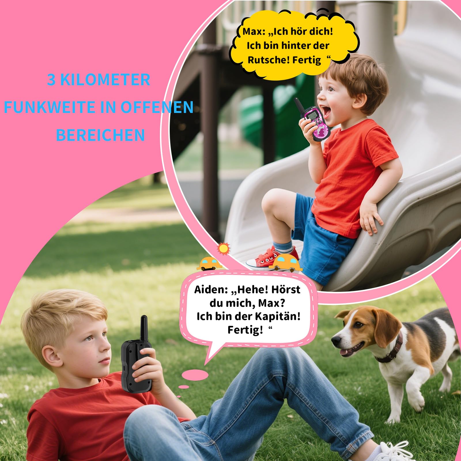 2er Set Walkie Talkie Kinder Aufladbar, 8 Kanäle, 48h Betrieb, Taschenlampe, 3 Kilometer Walkie Talkie Set，Geschenk für Jungen & Mädchen ab 3 Jahren – ideal für Camping, Spielplatz & Spielen
