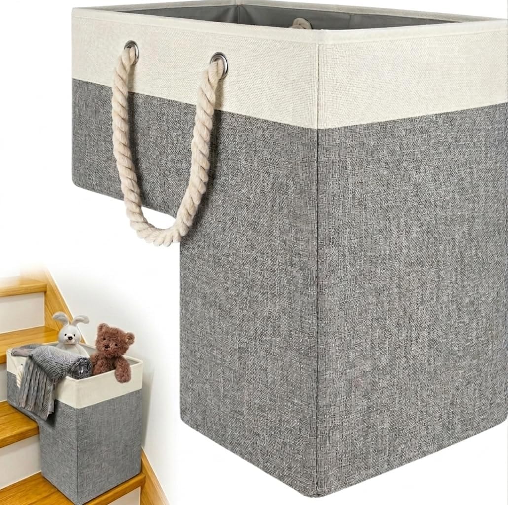 Stair Basket for Carpeted and Wooden Stairs - Foldable Staircase Basket for Stairs with Handle, Step Stairs Storage Basket for Toys, Clothes, Books, Tools, Magazine (Grey, 16" L x 10" W x 16" H)