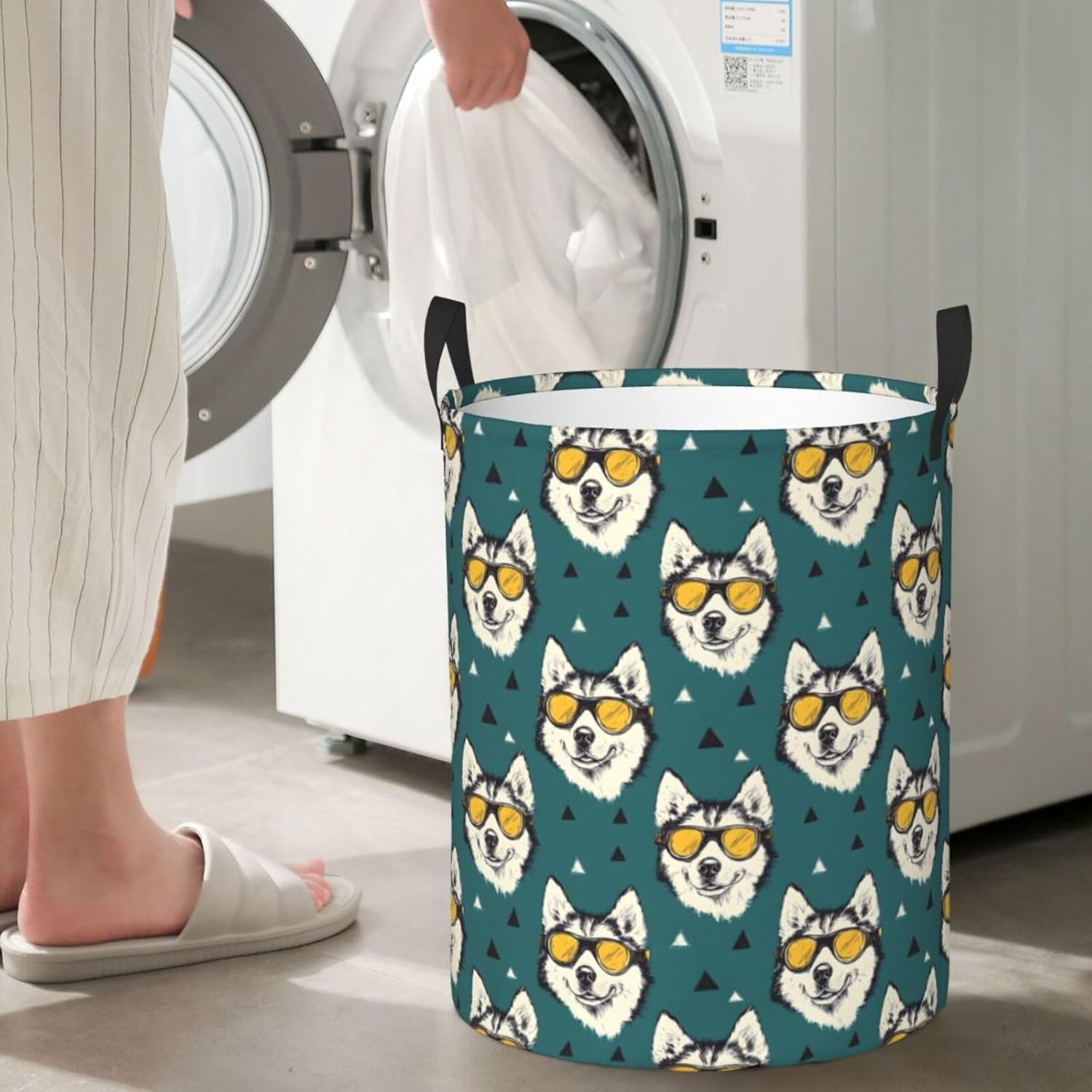 Large Laundry Basket with Handles - Cute Husky Print Baby Kids Nursery Dirty Clothes Laundry Hamper for Bedroom Aesthetic
