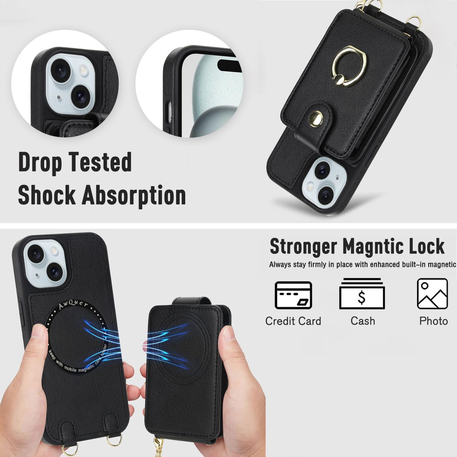 Phone Case for iPhone 13/14 6.1 inch Wallet Cover Detachable Screen Protector Ring Kickstand Crossbody Lanyard Strap Compatible with MagSafe RFID Blocking iPhone13 iPhone14 for Women Men Black