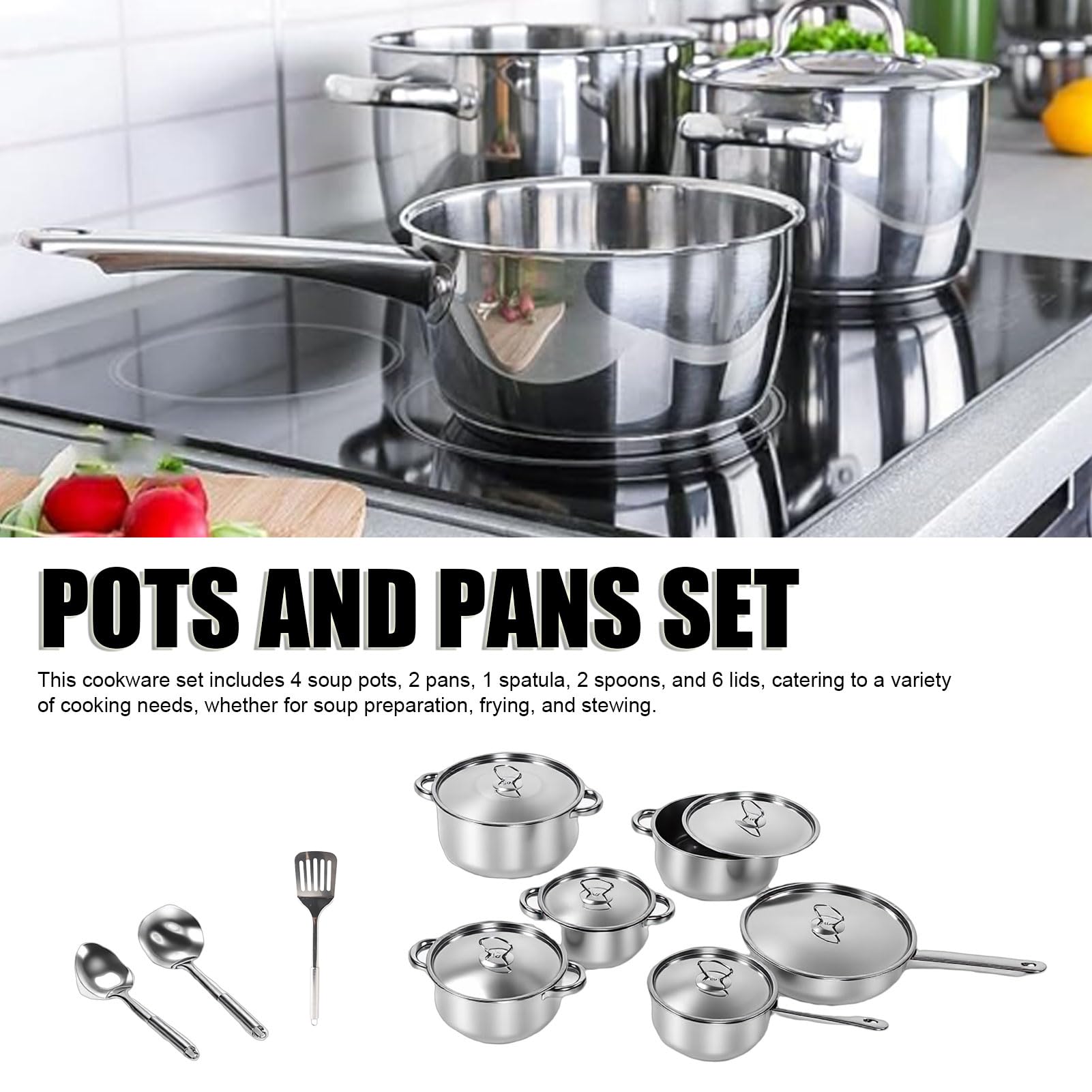 Zestaw Garnków ze Stali Nierdzewnej | 4 Garnki do Zupy, 2 Patelnie, 1 Łopatka, 2 Łyżki, Elegancki Design, Łatwe do Czyszczenia, dla Domu