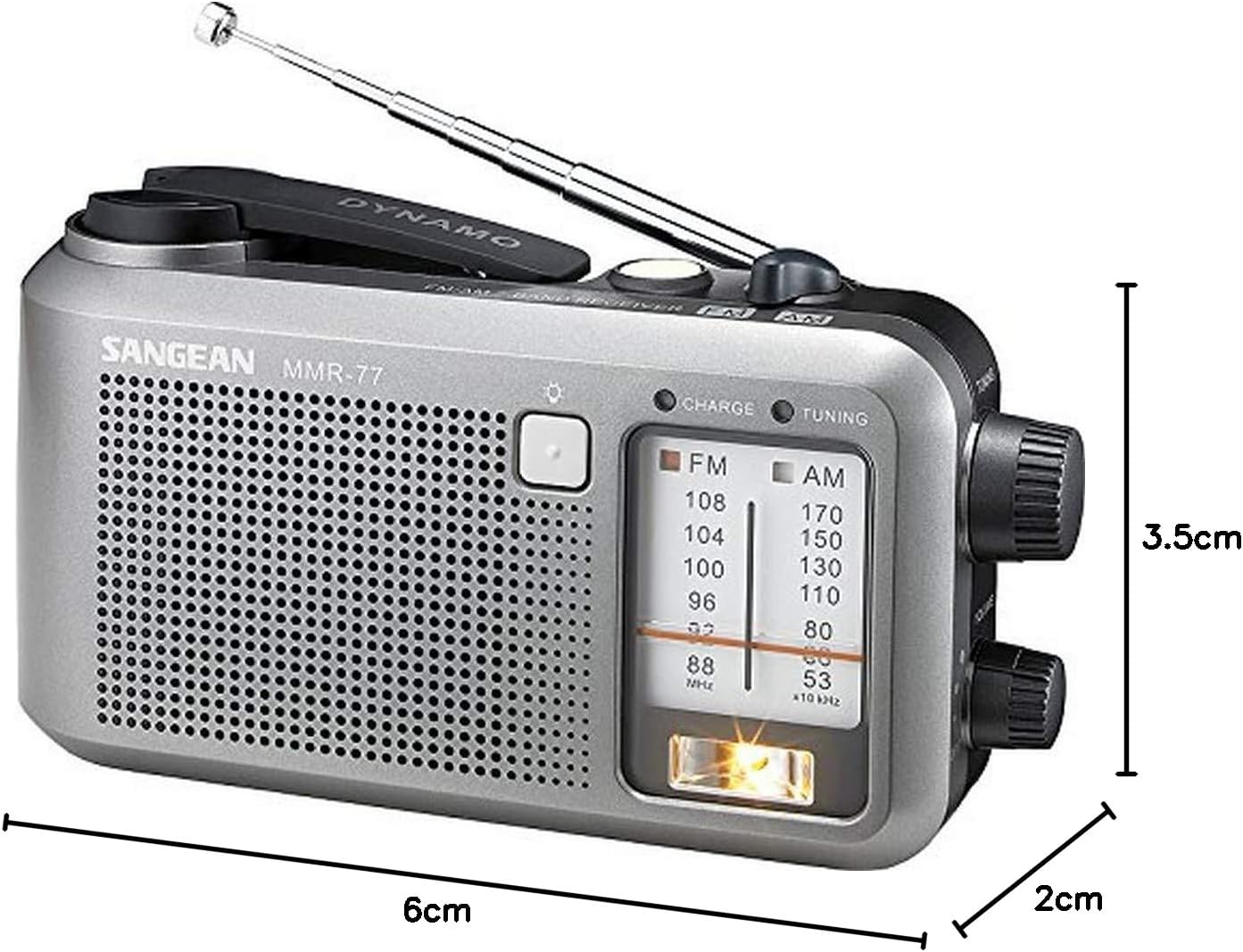 Sangean MMR-77 radio with dimensions labeled: 6cm length, 2cm width, 3.5cm height