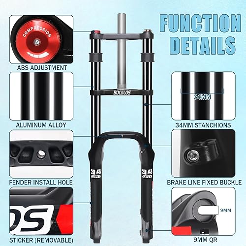 Miniatura 8 de BUCKLOS 20 pulgadas 4.0 Fat Tire Bike Suspension Tenedor, 7.087 in Travel 5.315 in Spacing Hub 0.354 in QR Ebike Oil MTB Fat Fork, Doble Corona