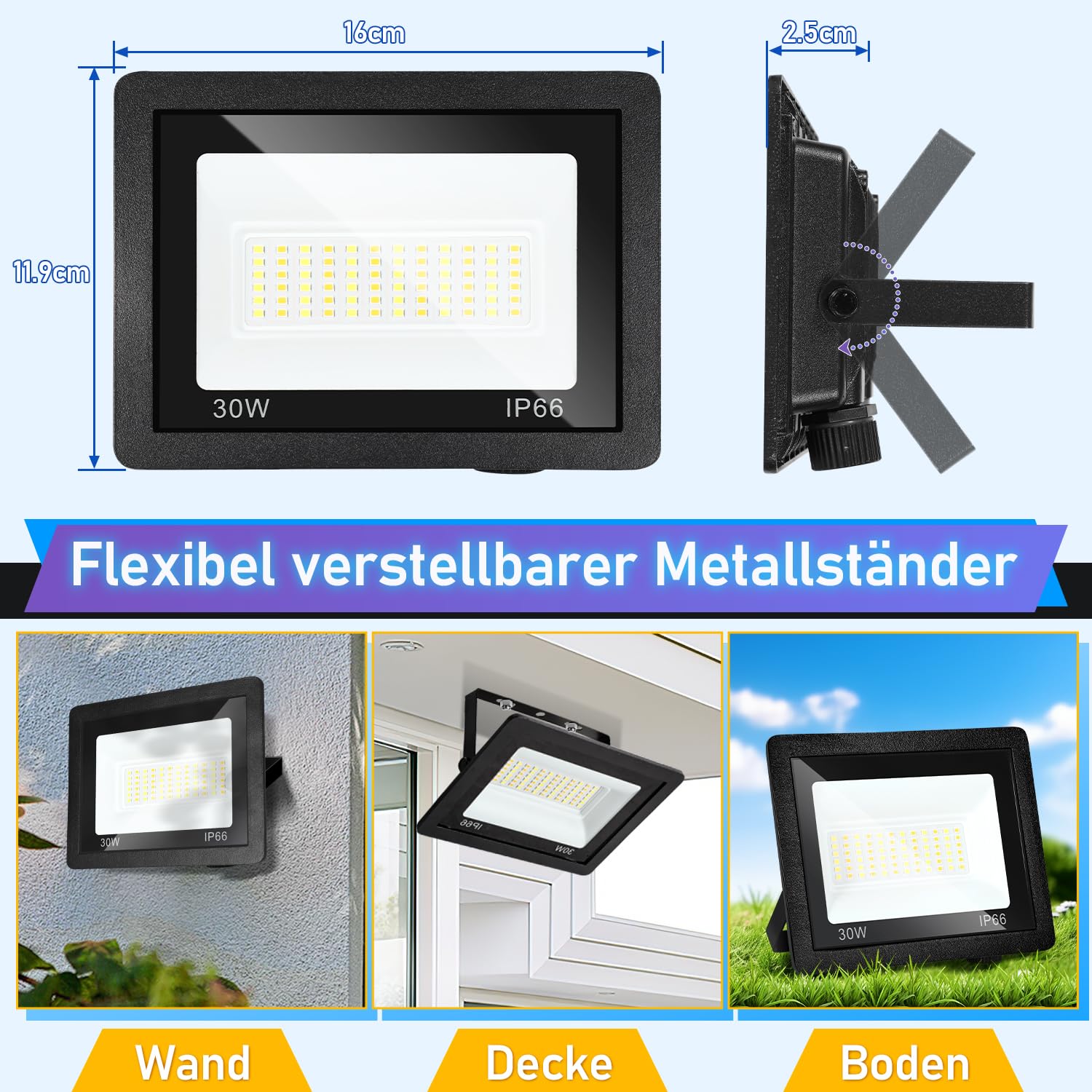 30W Projecteurs LED, 10x Projecteur LED, 3 Températures de Couleur Réglables, Projecteur Imperméable IP66, Spots Extérieur pour Jardin, Cours, Garage, Hôtel