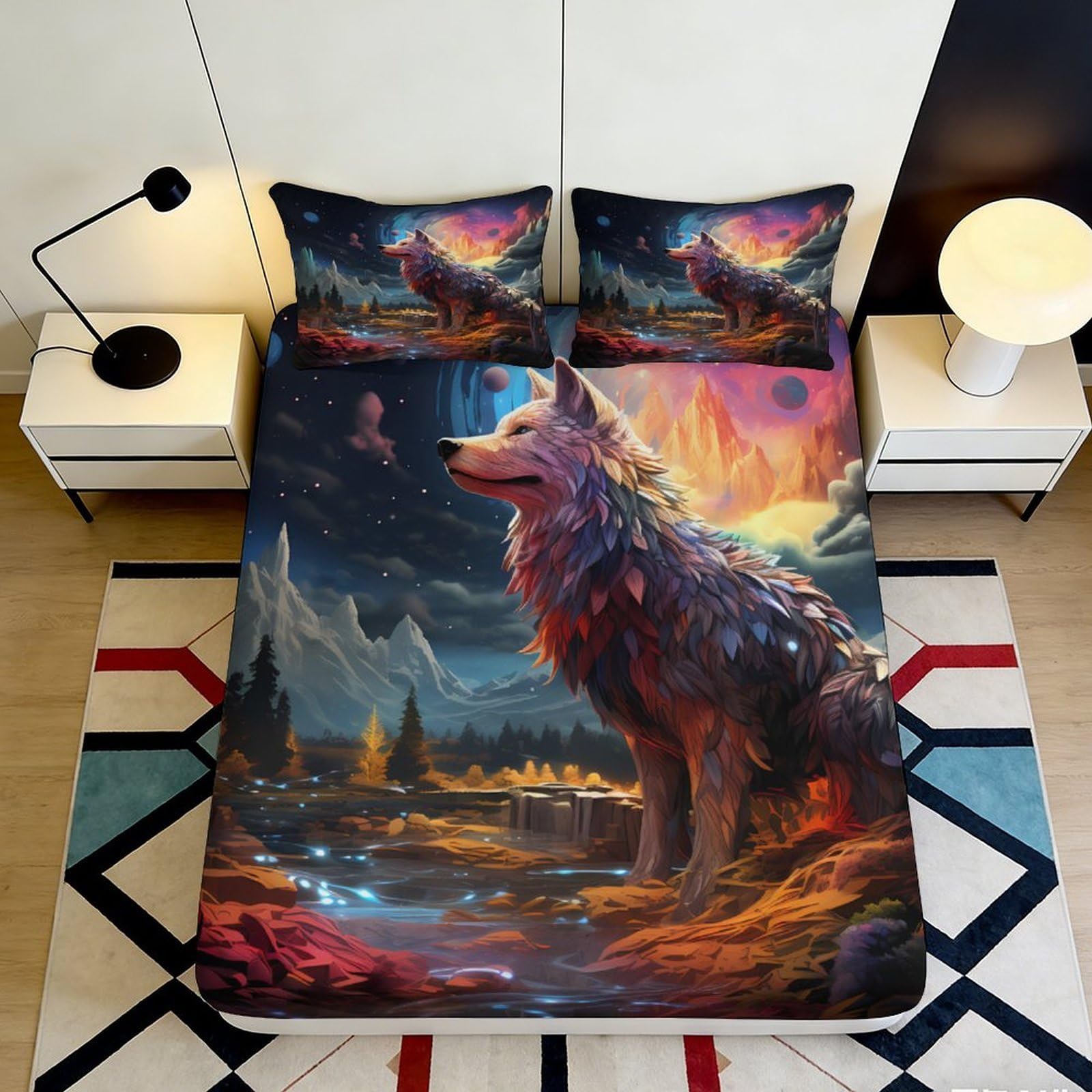 3D Printed Fantasy Wolf Fitted Sheet Microfiber Soft Breathable Sunset Mountain Bed Cover for Bedroom Dorm Mattress Protection Decor 90x200x25cm
