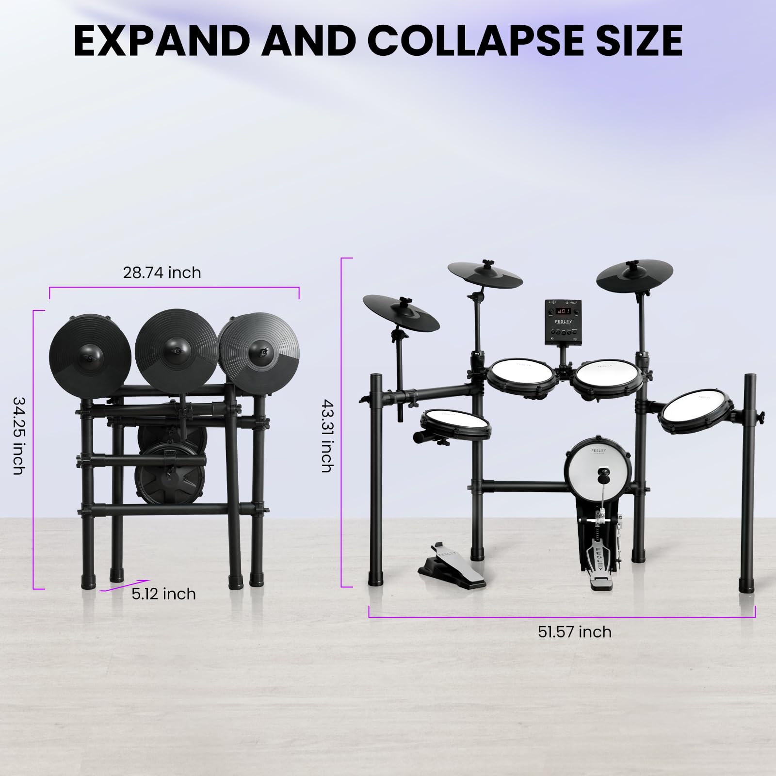 Fesley Electric Drum Set with Independent Kick Drum, Dual Zone Snare Drum, Quiet Mesh Drum Pads for Beginner, 3 Cymbals with Choke, USB MIDI, Drum Throne, Drum Sticks