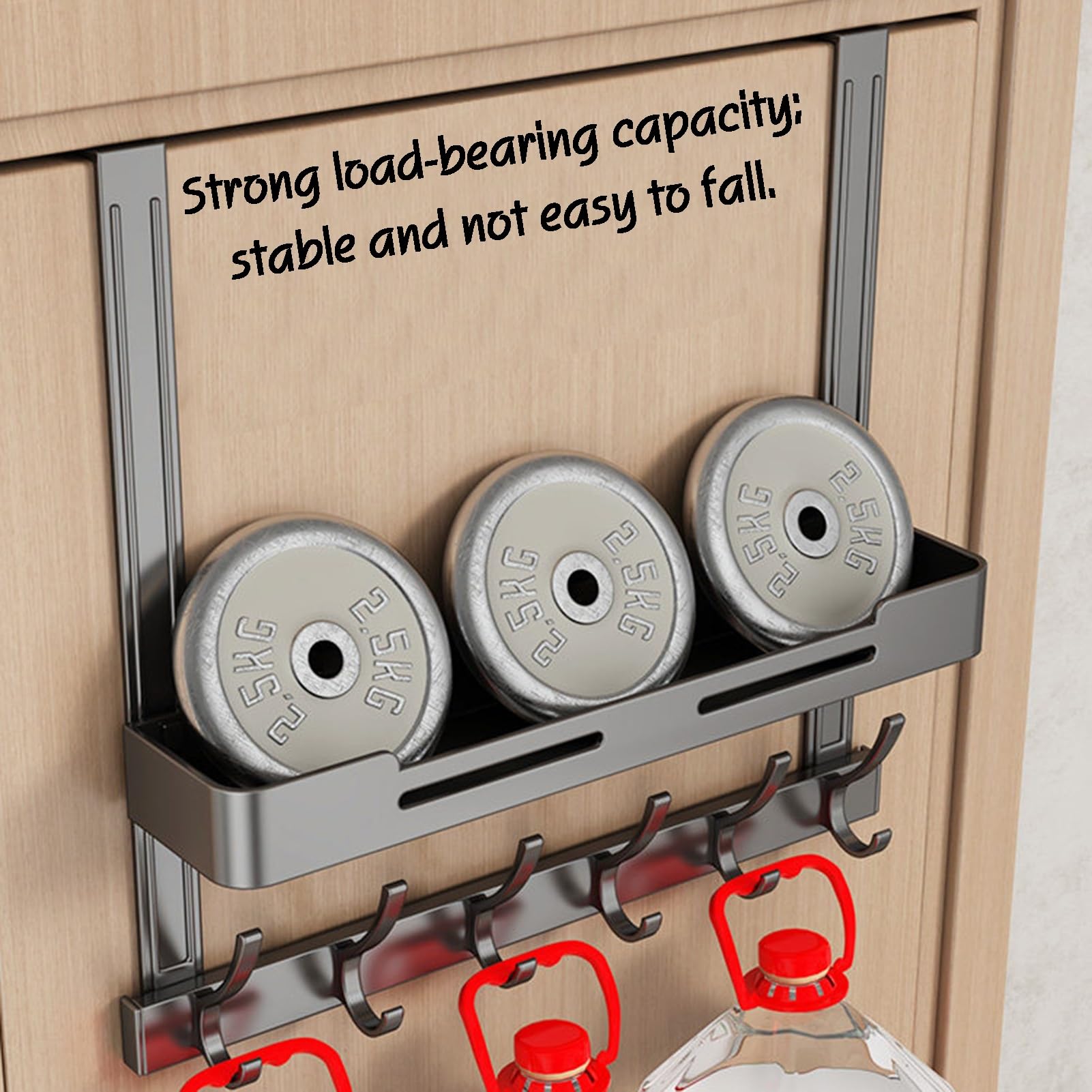 Organizzatore e Contenitore da Appendere Dietro la Porta, con 1 Cestino e Gancio Appendiabiti, mensole per dispensa, organizzazione per Lavanderia e Bagno (5 Ganci)