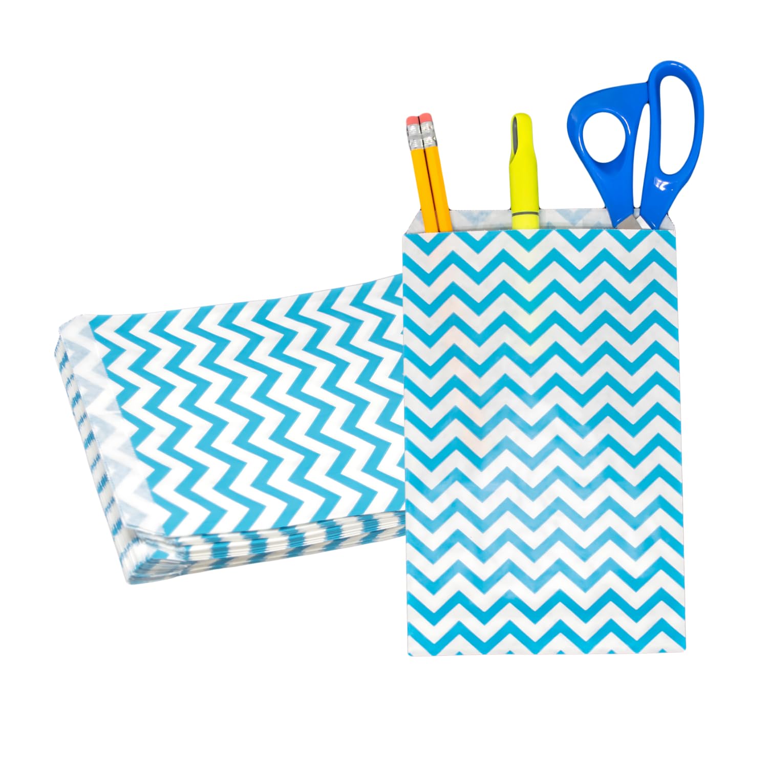 Novel Box Blue Chevron Print Paper Gift Candy Jewelry Merchandise Bag Bundle 4X6" (100 Count) + Custom NB Pouch
