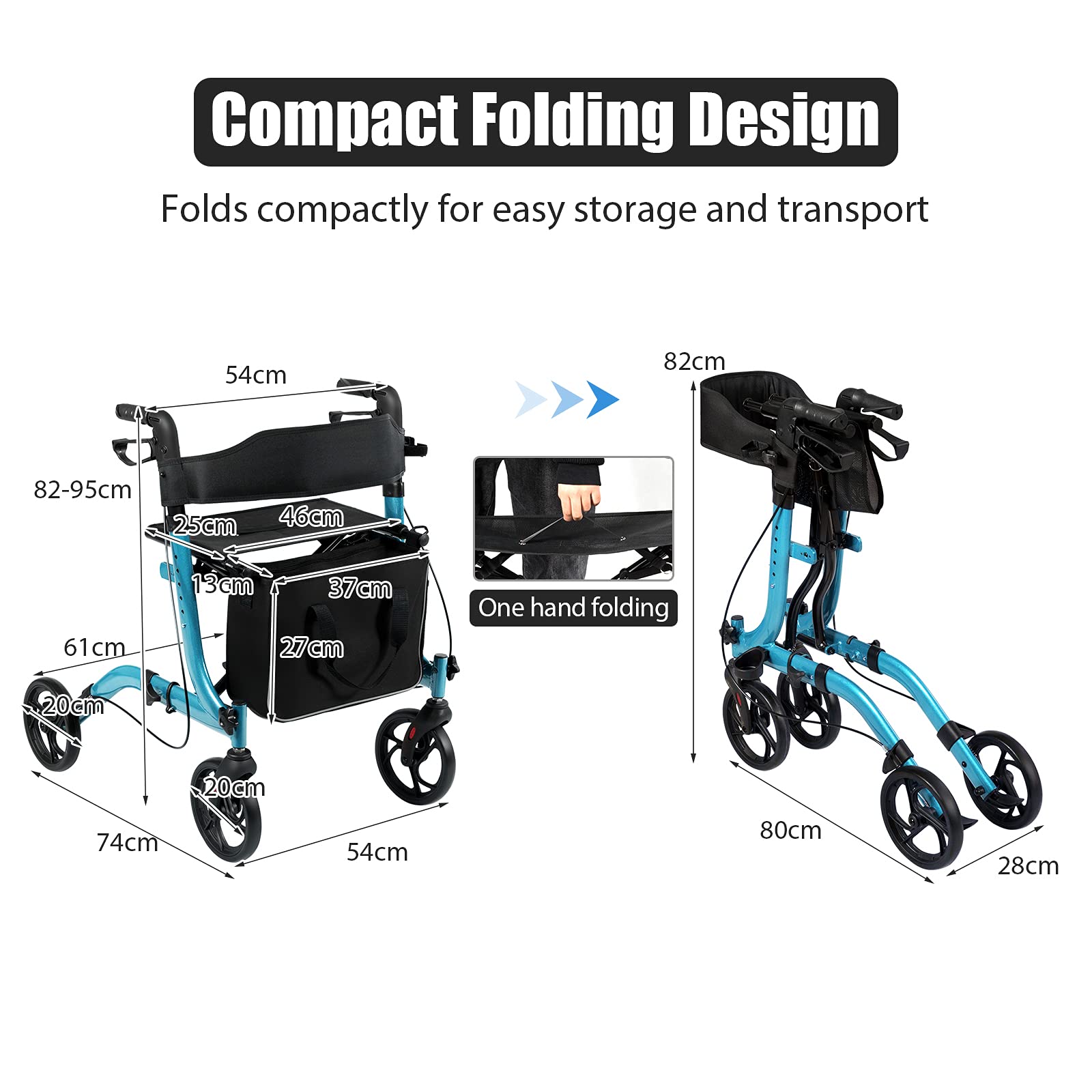 Homasis 2 en 1 Andador de Aluminio con Asiento, Andador Plegable con Bolsa de Almacenamiento y Empuñadura Regulable, para Ancianos y Adultos, Hasta 136 kg (Azul)