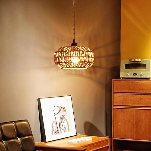 Miniatura 6 de Paquete de 2 lámparas colgantes de ratán enchufables con interruptor, mini lámpara de techo de ratán bohemio semiempotrada, accesorios de luz de