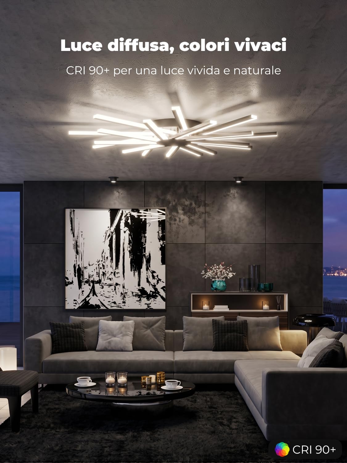 Φ96cm Lampadario Soggiorno Grande, Plafoniera Led Soffitto Moderno, Lampada da Soffitto con 18 Luci, Dimmerabile, Luce per Salotto con Telecomando, Funzione Memoria, Nero