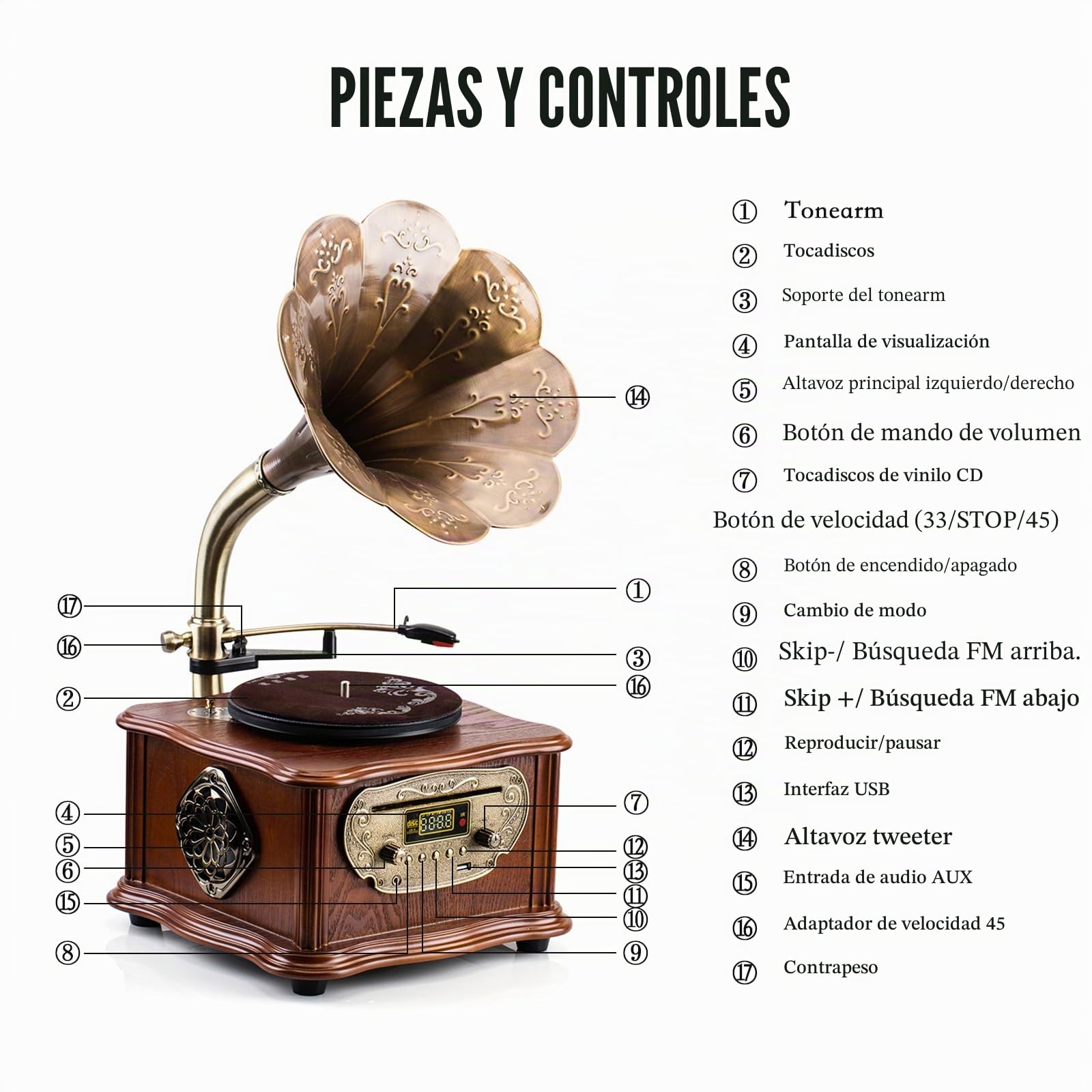 Gramófono retro negro, tocadiscos con Bluetooth, fonógrafo y reproductor de CD, radio FM, control mediante mando a distancia