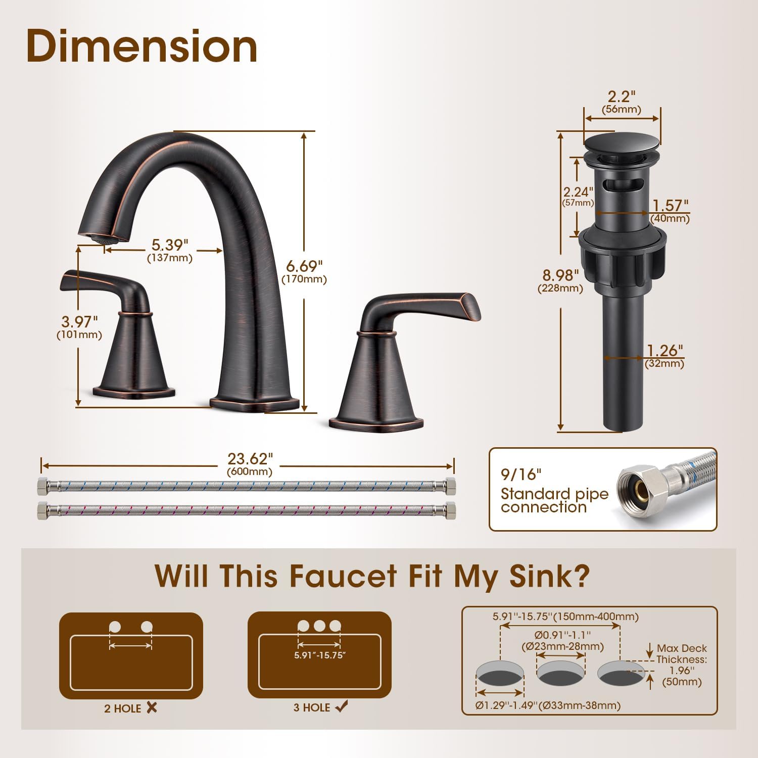 Widespread Bathroom Faucet 3 Hole, Oil-Rubbed Bronze Bathroom Sink Faucet, 2 Handle Brass Bathroom Faucets for Vanity Faucet with Pop Up Drain and 2 Supply Lines