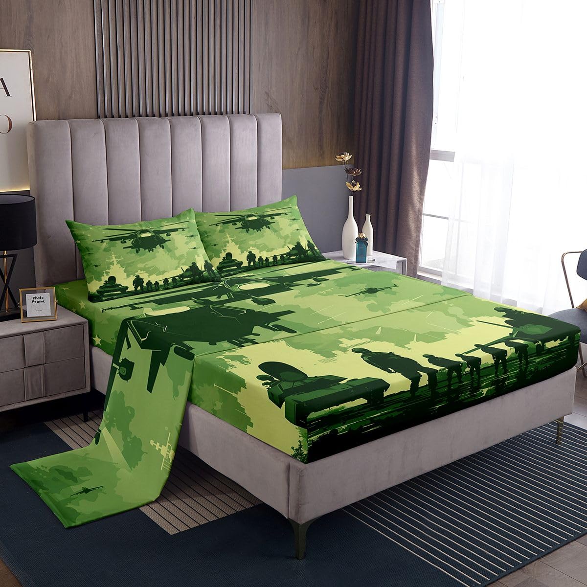 jejeloiu Camo Bed Sheets Set Queen Size Camouflage Bed Set Army Theme Deep Pocket Fitted Sheet Military Style Breathable Soft Lightweight Microfiber Green