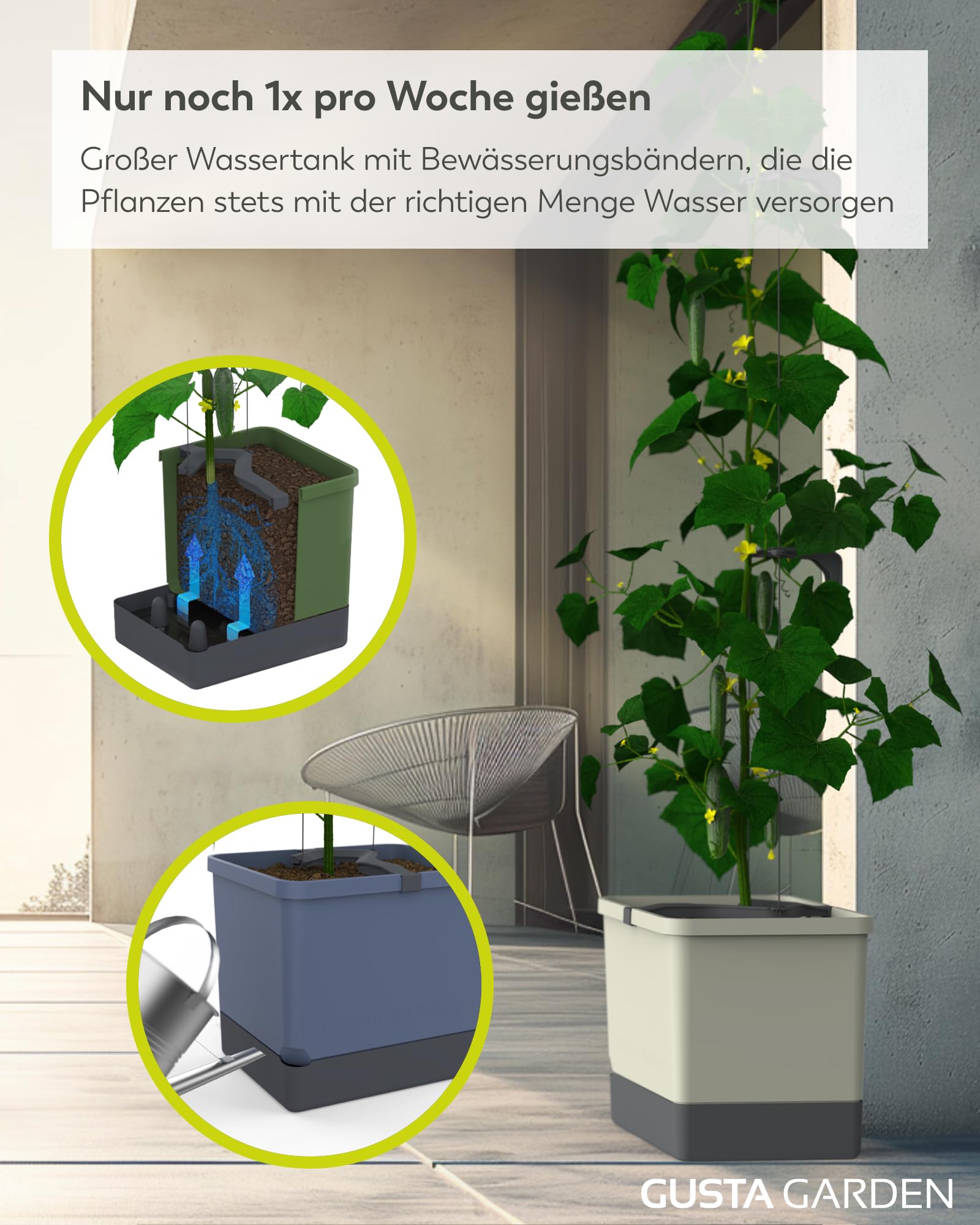 GUSTA GARDEN Curt Cucumber - Selbstbewässernder Gurkentopf mit Ranksystem, 20L Erdvolumen & 4,5L Wassertank, Rankhilfe, Gurken, UV-Stabil, Made in EU (blau)
