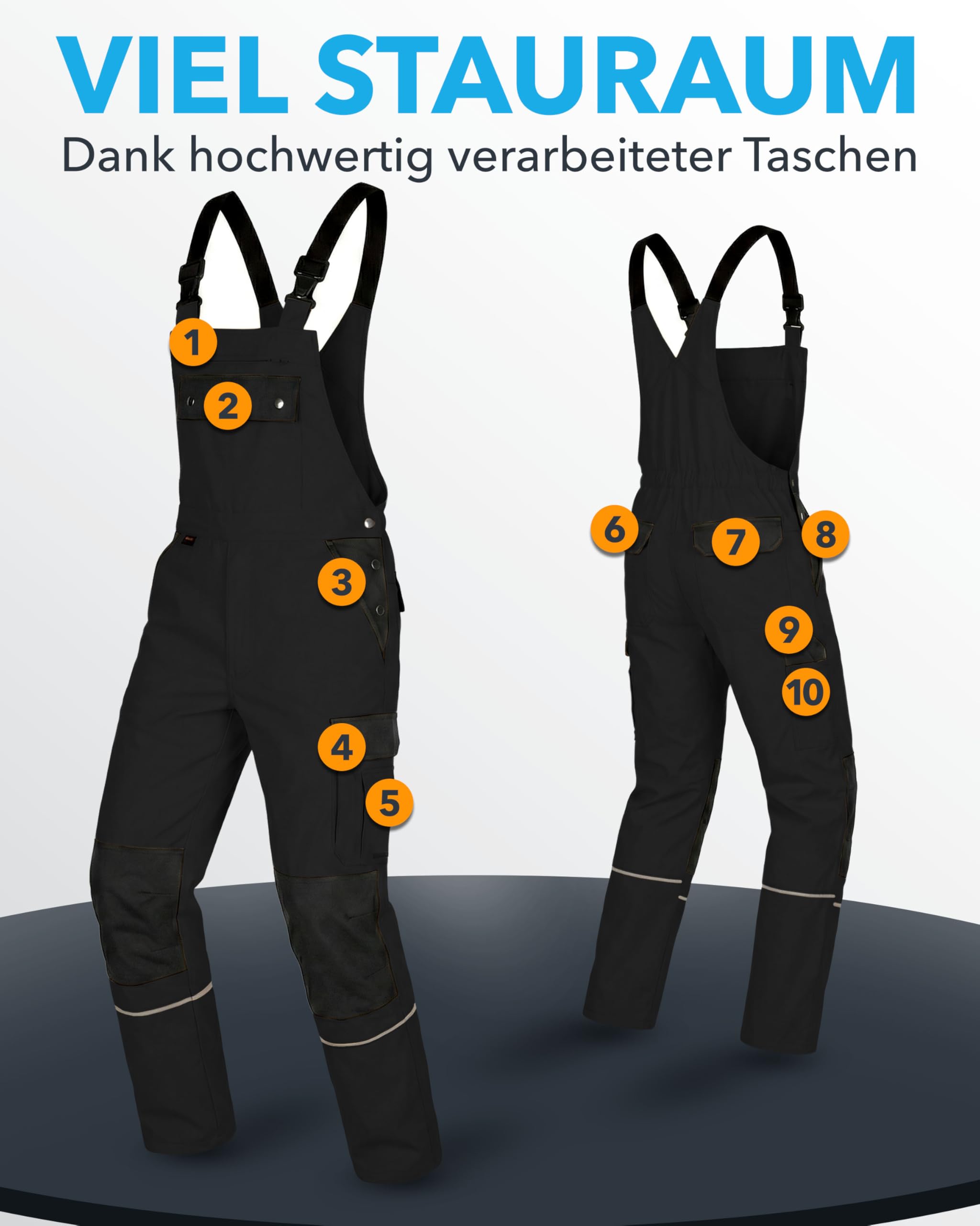 TMG® | Lange Arbeitslatzhose Herren, Schwarze Latzhose mit Kniepolstertaschen aus Cordura, viel Stauraum, robust