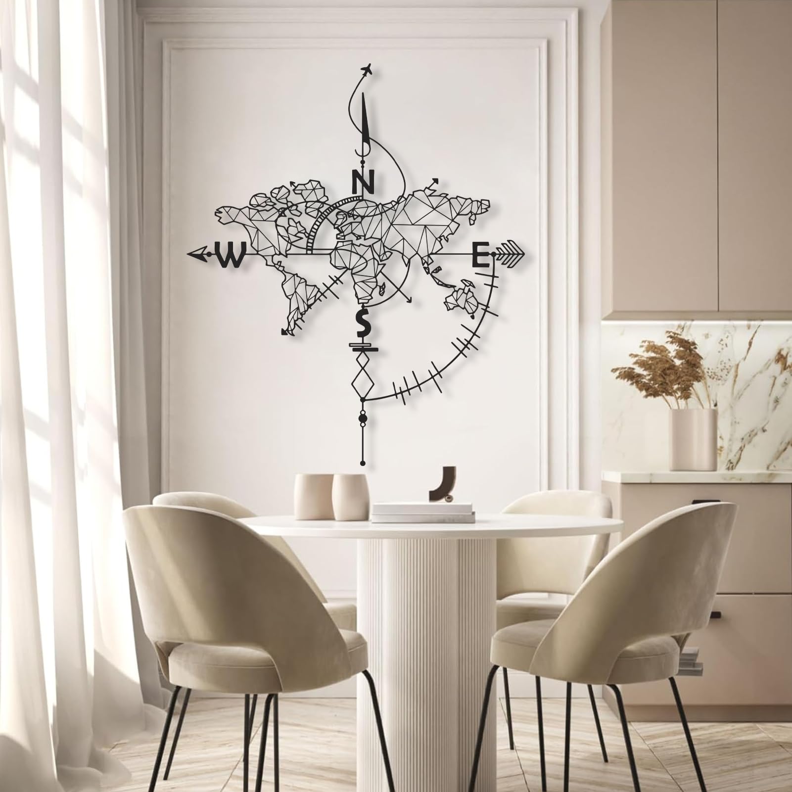 Mapa del Mundo de Metal Dorado para Pared, brújula de Metal, decoración Moderna para Oficina y hogar, Escultura Moderna para Sala de Estar, Dormitorio, Pasillo y escaleras (Dorado, 47" de la