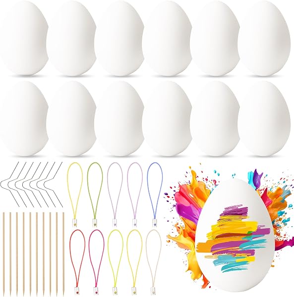 30 Deko-Eier Ostern, 6cm Kunststoff Ostereier zum Bemalen, 30 Aufhänger für Ostereier, Plastikeier Weiß, Eier zum Bemalen und Aufhängen, Osterhandwerk, Ostern Basteln für Dekoration und Geschenk - 1